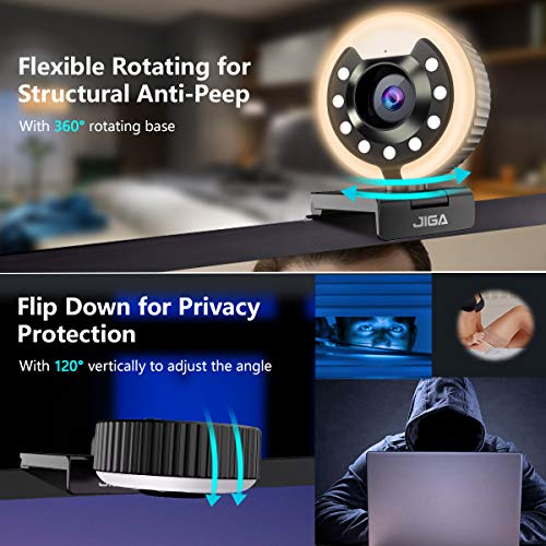 Webcam 1080P con micrófono, Full HD Facecam Streaming, cámara USB con anillo de luz, trípode, giro de 360°, cámara web JIGA para PC, videochat, portátil, Zoom, Skype (blanco, cálida y natural).