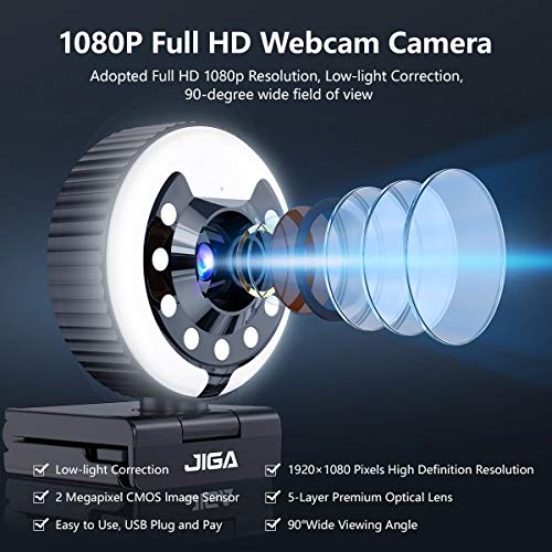 Webcam 1080P con micrófono, Full HD Facecam Streaming, cámara USB con anillo de luz, trípode, giro de 360°, cámara web JIGA para PC, videochat, portátil, Zoom, Skype (blanco, cálida y natural).