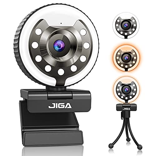 Webcam 1080P con micrófono, Full HD Facecam Streaming, cámara USB con anillo de luz, trípode, giro de 360°, cámara web JIGA para PC, videochat, portátil, Zoom, Skype (blanco, cálida y natural).