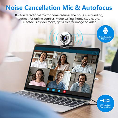Webcam 1080P con micrófono, Full HD Facecam Streaming, cámara USB con anillo de luz, trípode, giro de 360°, cámara web JIGA para PC, videochat, portátil, Zoom, Skype (blanco, cálida y natural).