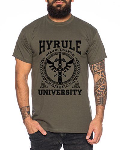 WhyKiki University of Hyrule Camiseta de Hombre Link Wappen Gamer SNES Ocarina, Farbe2:Khaki;Größe2:L