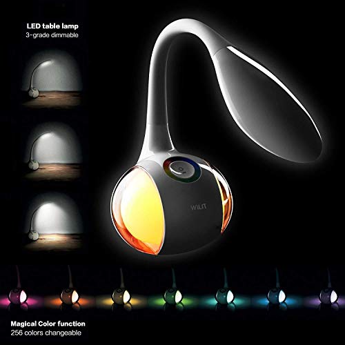 WILIT T3 Lámpara de Escritorio Táctil, 256 RGB Luz de Color, 3 Niveles de Brillo, Flexo LED Regulable, Lámpara de Mesa Ajustable, Brazo Tipo Cuello de Cisne, Protección para los Ojos, 5W, Blanco