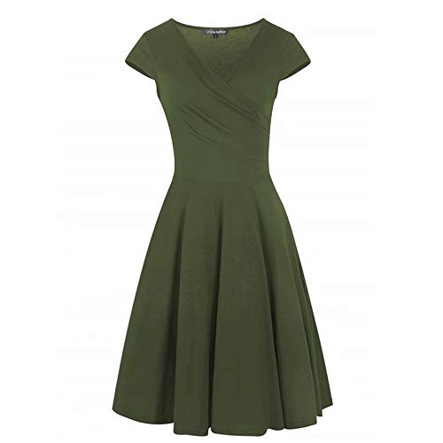 Women's Criss-Cross Necklines V-Neck Cap Sleeve Floral Casual Work Stretch Swing Summer Dress Party Dress Army Green(M)