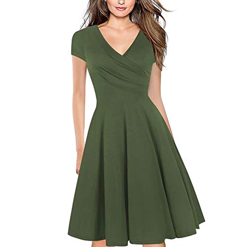 Women's Criss-Cross Necklines V-Neck Cap Sleeve Floral Casual Work Stretch Swing Summer Dress Party Dress Army Green(M)
