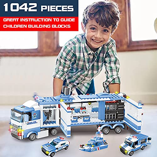 WYSWYG City Police Toy Building Blocks, 1042 Piezas 8 en 1 Comisaría de policía con Coche de policía y helicóptero, Juego de Bloques de construcción compatibles (Azul)