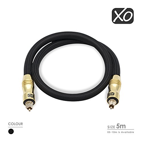 XO 5m TOSLINK Digital Audio Cable SPDIF - Negro, serie GOLD. Carcasa de oro de 24k. Compatible con PS4 / PS3, Xbox One, Wii, Sky Q, Sky HD, HD TV, DVD, Blu-Ray, AV Amp.
