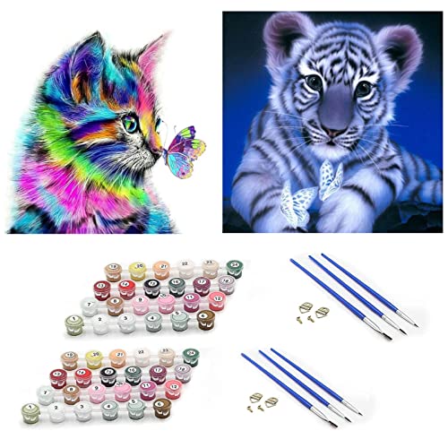 YFWUQI Pintura por Numeros, 2 Paquete de DIY Pintura al óleo Acrilicas Pinturas para de Adultos y Nihos Decoraciones para el Hogar - Gato & Tigre Lienzos de 16 x 16 Pulgadas (Sin Marco)