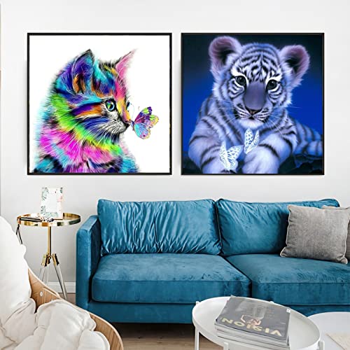 YFWUQI Pintura por Numeros, 2 Paquete de DIY Pintura al óleo Acrilicas Pinturas para de Adultos y Nihos Decoraciones para el Hogar - Gato & Tigre Lienzos de 16 x 16 Pulgadas (Sin Marco)