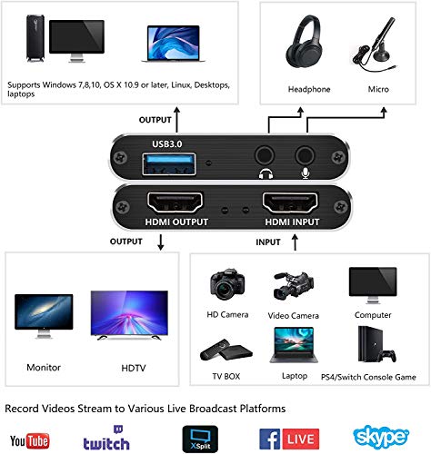 Y&H 4K Tarjeta de Captura de Juegos,HDMI a USB3.0 Captura de Video Audio HD 1080P 60HZ Dispositivo de grabación de Juegos con transmisión en Vivo para PS4,Nintendo Switch,Xbox One,Xbox360,Wii U