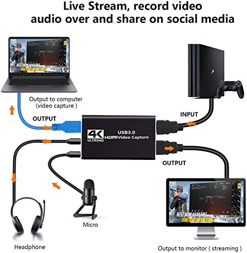 Y&H 4K Tarjeta de Captura de Juegos,HDMI a USB3.0 Captura de Video Audio HD 1080P 60HZ Dispositivo de grabación de Juegos con transmisión en Vivo para PS4,Nintendo Switch,Xbox One,Xbox360,Wii U