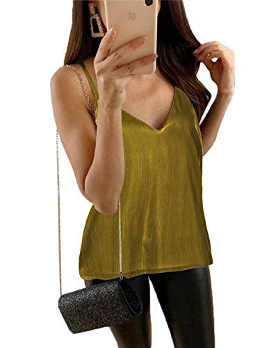 YOINS Camiseta de manga corta para mujer con cuello redondo profundo, cordones cruzados, tirantes plisados, parte superior láser, A-oro, S