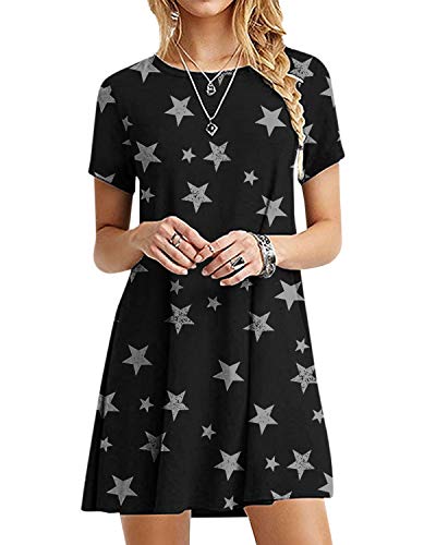 YOINS Mini vestidos de manga corta casual sueltos con estampado de estrellas, cuello redondo, camiseta larga