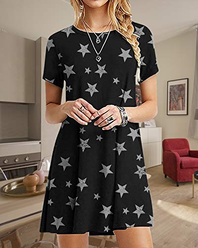 YOINS Mini vestidos de manga corta casual sueltos con estampado de estrellas, cuello redondo, camiseta larga