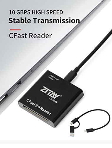 ZITAY CFast Lector de tarjetas, USB 3.1 Gen2 USB C CFast 2.0 Lector de tarjetas Adaptador de tarjeta de memoria Compatible con ZCAM RED KOMODO URSA /URSA Mini Canon XC10 XC15 1DX Mark II SanDisk Lexar