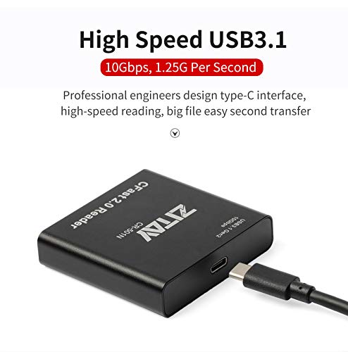 ZITAY CFast Lector de tarjetas, USB 3.1 Gen2 USB C CFast 2.0 Lector de tarjetas Adaptador de tarjeta de memoria Compatible con ZCAM RED KOMODO URSA /URSA Mini Canon XC10 XC15 1DX Mark II SanDisk Lexar