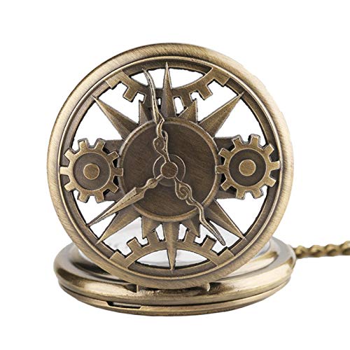 ZMKW Half Hunter Gear Wheel Design Hombres Mujeres Reloj de Bolsillo de Cuarzo Reloj Vintage Cadena Regalos para niños, Bronce
