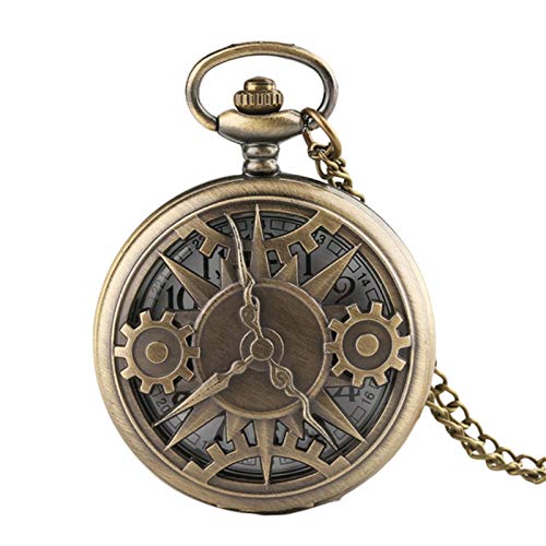ZMKW Half Hunter Gear Wheel Design Hombres Mujeres Reloj de Bolsillo de Cuarzo Reloj Vintage Cadena Regalos para niños, Bronce