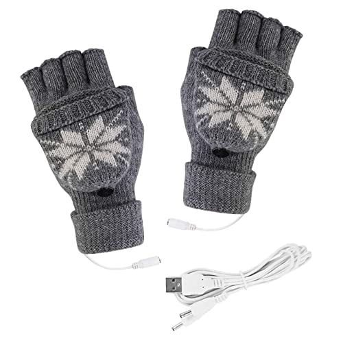 ZODOF Cold Heated Indoor Christmas Gloves Winter Protection Gloves Work Gloves Warm Knit Unisex USB Print Connection Gloves (Gray)