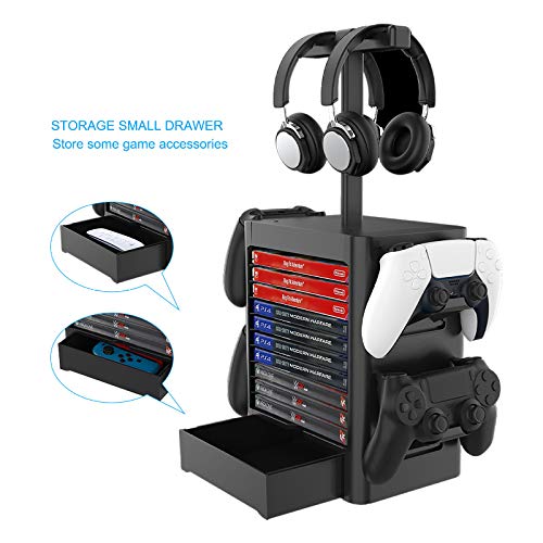 ZPL Multifuncional Juego Almacenamiento Torre PS5 Caja De Disco Estante A Tienda Auriculares Almacenamiento Encargarse De Almacenamiento Juego Tablero por PS5 PS4 Xbox Cambiar,Negro