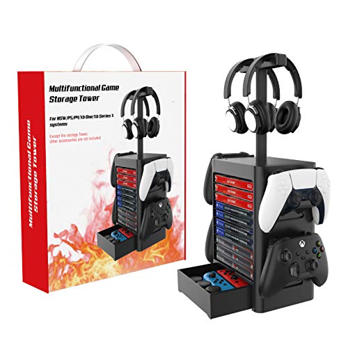 ZPL Multifuncional Juego Almacenamiento Torre PS5 Caja De Disco Estante A Tienda Auriculares Almacenamiento Encargarse De Almacenamiento Juego Tablero por PS5 PS4 Xbox Cambiar,Negro