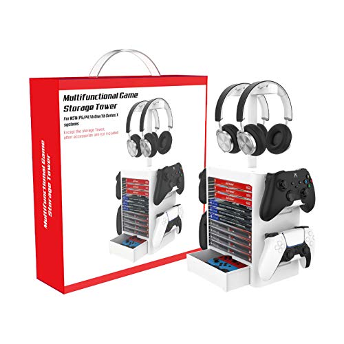 ZPL Multifuncional Juego Almacenamiento Torre PS5 Caja De Disco Estante A Tienda Auriculares Almacenamiento Encargarse De Almacenamiento Juego Tablero por PS5 PS4 Xbox Cambiar,Blanco
