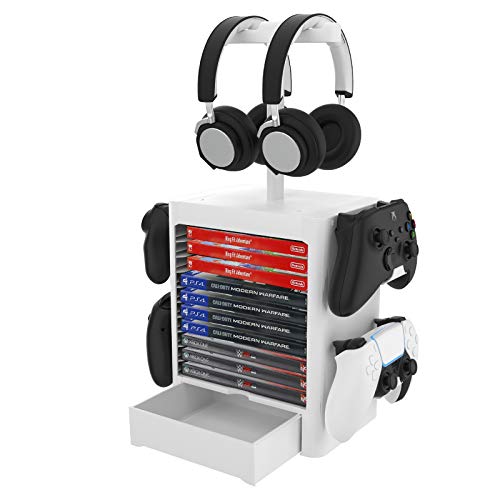 ZPL Multifuncional Juego Almacenamiento Torre PS5 Caja De Disco Estante A Tienda Auriculares Almacenamiento Encargarse De Almacenamiento Juego Tablero por PS5 PS4 Xbox Cambiar,Blanco