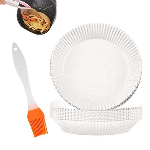 100Pcs Air Fryer Disposable Paper Liner with Silicone Brush, Air Fryer Parchment Paper, Basket Unperforated Round Parchment Paper Air Fryer Liners (White)