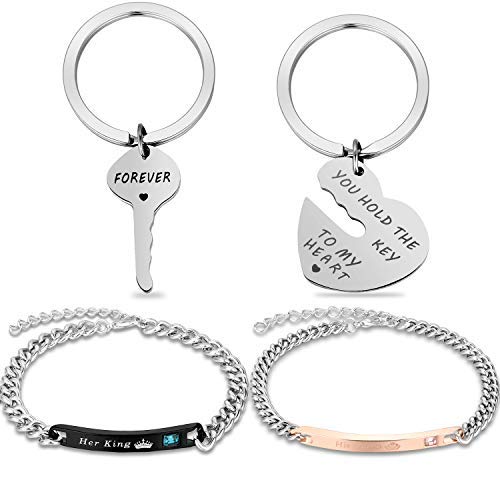 2 Piezas de Llavero de Pareja Incluye Llavero de You Hold The Key to My Heart y Forever, 2 Piezas de Pulseras de Parejas Incluye Brazalete de His Queen y Her King Día de San Valentín