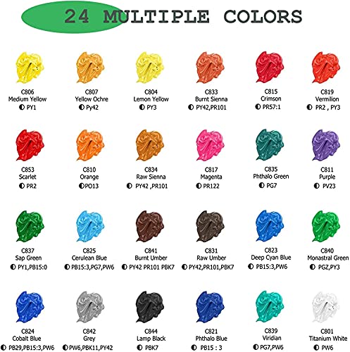 24 Tubos Pinturas Acrílicas para Pintar, Myada Juego de Pinturas Acrílicas, Paquete de 24 x 12 ml, 5 Pinceles, 2 Tableros de Dibujo, 1 Raspador, 1 Paleta, No Tóxicos para Principiantes o Niños