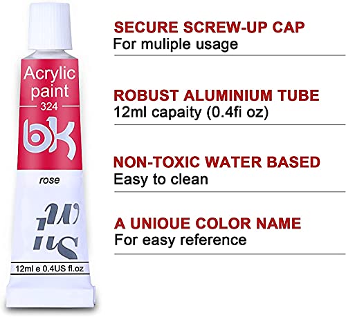 24 Tubos Pinturas Acrílicas para Pintar, Myada Juego de Pinturas Acrílicas, Paquete de 24 x 12 ml, 5 Pinceles, 2 Tableros de Dibujo, 1 Raspador, 1 Paleta, No Tóxicos para Principiantes o Niños