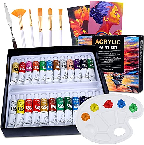 24 Tubos Pinturas Acrílicas para Pintar, Myada Juego de Pinturas Acrílicas, Paquete de 24 x 12 ml, 5 Pinceles, 2 Tableros de Dibujo, 1 Raspador, 1 Paleta, No Tóxicos para Principiantes o Niños