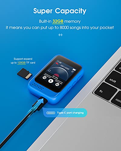 32GB Reproductor MP3 Bluetooth 5.0 con Pantalla Táctil Completa, Portátil HiFi Reproductor de Música con Altavoz Interno, Radio FM, Line-in Voice Recording, E-Book, Soporte hasta 128 GB