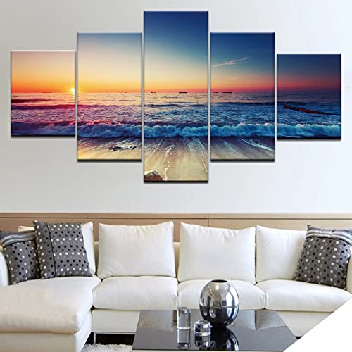 5 Piezas Mural HD Imprimir Inicio Decoración Moderna Pintura de Lienzo mar playa puesta de sol paisaje Sala Obra de Arte El Arte Pared del Hogar Salón Oficina。