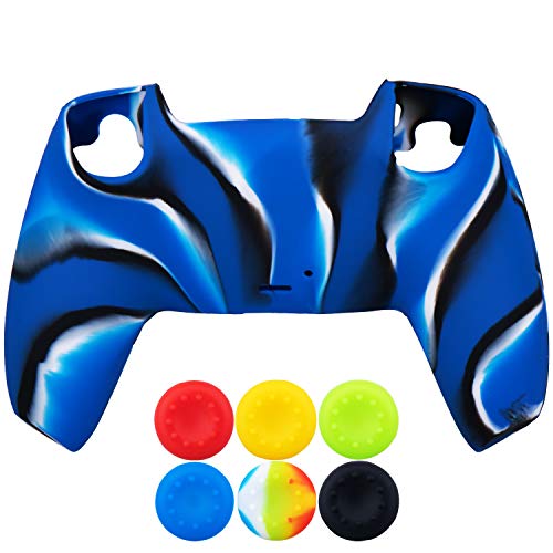 9CDeer 1 x Silicona Protector Cubrir Piel + 6 Apretones de Pulgar para Playstation 5 / PS5 / Dualsense Mando Camuflaje azul