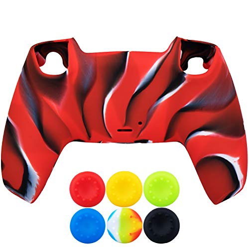 9CDeer 1 x Silicona Protector Cubrir Piel + 6 Apretones de Pulgar para Playstation 5 / PS5 / Dualsense Mando Camuflaje rojo