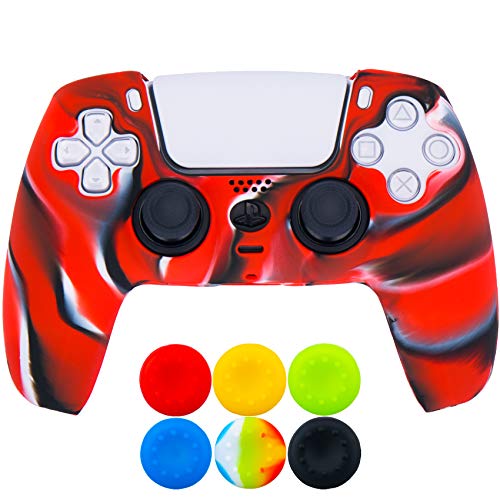 9CDeer 1 x Silicona Protector Cubrir Piel + 6 Apretones de Pulgar para Playstation 5 / PS5 / Dualsense Mando Camuflaje rojo