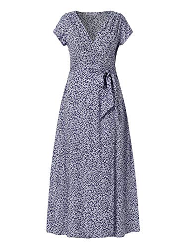 ACHIOOWA Mujer Vestido Elegante Impreso Froal Playa Bohemio Dress Cuello V Manga Corta Escote Fiesta Cóctel Falda Larga Azul-G66071 S