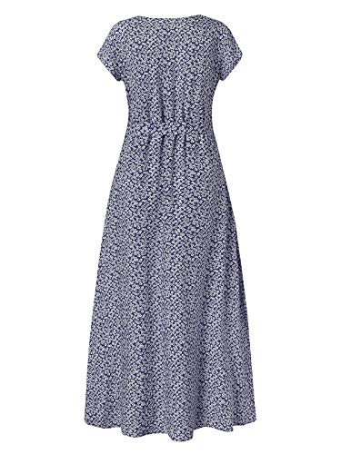 ACHIOOWA Mujer Vestido Elegante Impreso Froal Playa Bohemio Dress Cuello V Manga Corta Escote Fiesta Cóctel Falda Larga Azul-G66071 S