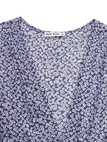 ACHIOOWA Mujer Vestido Elegante Impreso Froal Playa Bohemio Dress Cuello V Manga Corta Escote Fiesta Cóctel Falda Larga Azul-G66071 S