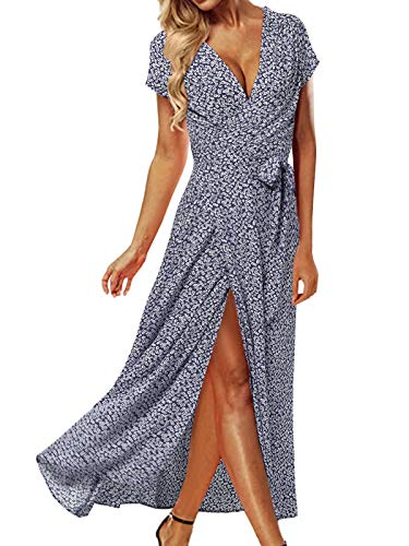 ACHIOOWA Mujer Vestido Elegante Impreso Froal Playa Bohemio Dress Cuello V Manga Corta Escote Fiesta Cóctel Falda Larga Azul-G66071 S