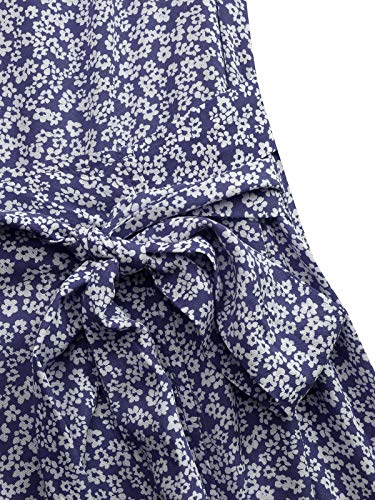 ACHIOOWA Mujer Vestido Elegante Impreso Froal Playa Bohemio Dress Cuello V Manga Corta Escote Fiesta Cóctel Falda Larga Azul-G66071 S