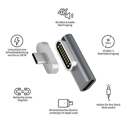 Adaptador magnético USB C de 20 pines, conector tipo C, compatible con USB pd de 100 W de carga rápida, transferencia de datos de 10 GBP/s y salida de vídeo 4K a 60 Hz, compatible con tipo C.