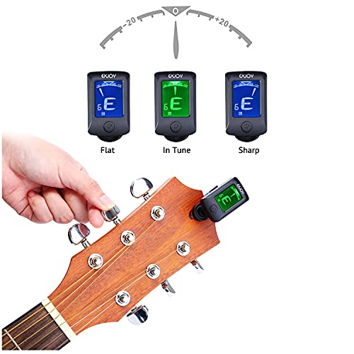 Afinador de Guitarra Sintonizador Digital Cromático con Clip, EXJOY Tuner de 5 modos con 12 Púas para Guitarra Eléctrica, Guitarra Española, Acústica, Bajo, Violín, Ukelele