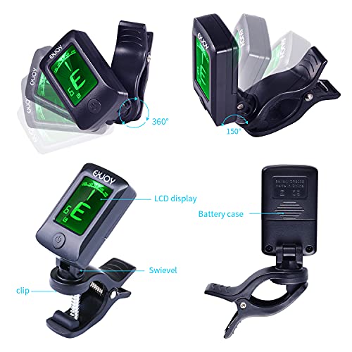 Afinador de Guitarra Sintonizador Digital Cromático con Clip, EXJOY Tuner de 5 modos con 12 Púas para Guitarra Eléctrica, Guitarra Española, Acústica, Bajo, Violín, Ukelele