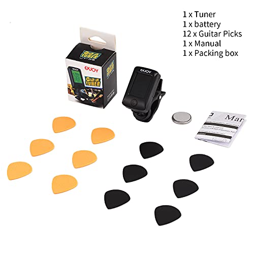 Afinador de Guitarra Sintonizador Digital Cromático con Clip, EXJOY Tuner de 5 modos con 12 Púas para Guitarra Eléctrica, Guitarra Española, Acústica, Bajo, Violín, Ukelele