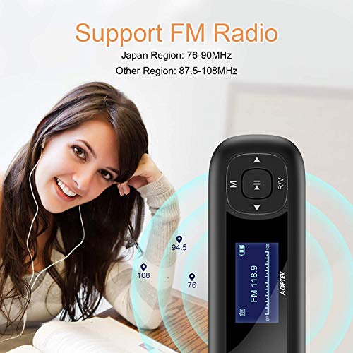 AGPTEK 8GB Reproductor MP3 Portátil USB con Pantalla LCD de 1 Pulgadas, Memoria USB con FM, Grabación, Negro