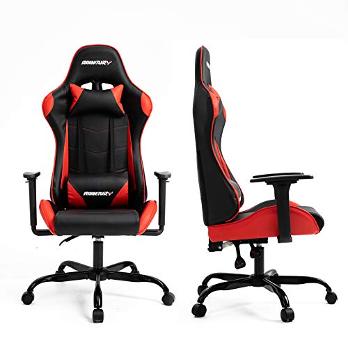 AMINITURE Silla para Juegos, Silla para Juegos de computadora Estilo Carrera, Silla reclinable giratoria Ajustable con reposacabezas y Soporte Lumbar (Rojo & Negro)