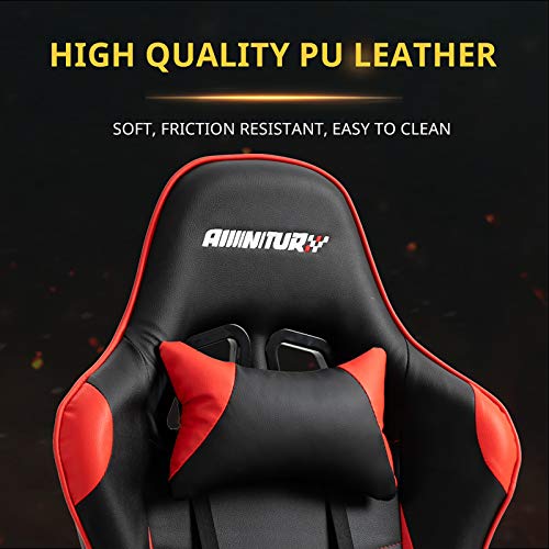 AMINITURE Silla para Juegos, Silla para Juegos de computadora Estilo Carrera, Silla reclinable giratoria Ajustable con reposacabezas y Soporte Lumbar (Rojo & Negro)