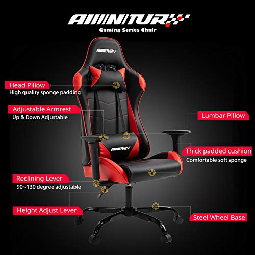 AMINITURE Silla para Juegos, Silla para Juegos de computadora Estilo Carrera, Silla reclinable giratoria Ajustable con reposacabezas y Soporte Lumbar (Rojo & Negro)