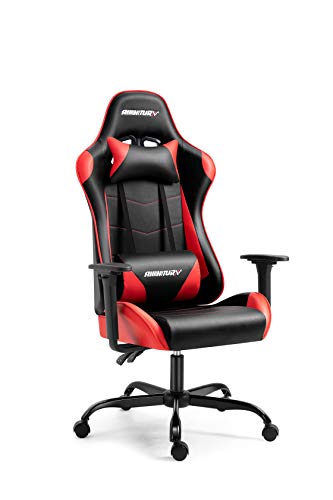 AMINITURE Silla para Juegos, Silla para Juegos de computadora Estilo Carrera, Silla reclinable giratoria Ajustable con reposacabezas y Soporte Lumbar (Rojo & Negro)